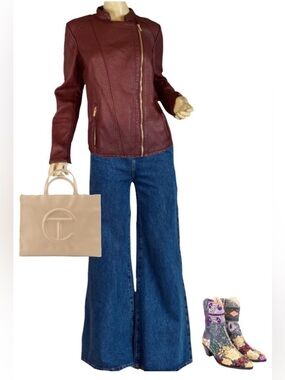 CALVIN KLEIN BURGUNDY TEXTURED FAUX LEATHER JACKET (M)